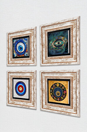 Nazar Taş Duvar Tablosu Çerçeveli Duvar Dekoru 4 Parça Tablo Seti Wall Art