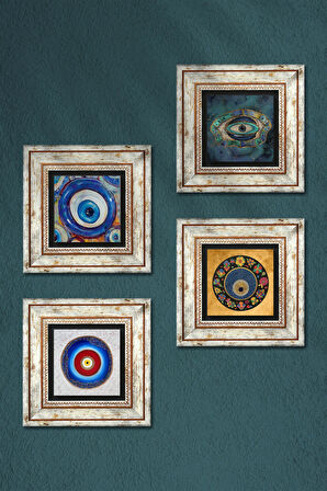 Nazar Taş Duvar Tablosu Çerçeveli Duvar Dekoru 4 Parça Tablo Seti Wall Art