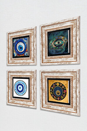 Nazar Taş Duvar Tablosu Çerçeveli Duvar Dekoru 4 Parça Tablo Seti Wall Art