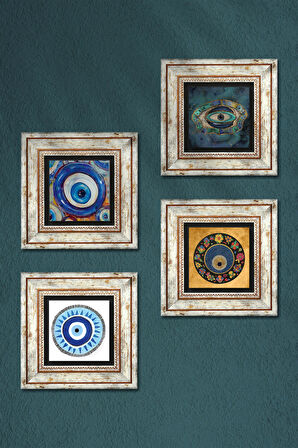 Nazar Taş Duvar Tablosu Çerçeveli Duvar Dekoru 4 Parça Tablo Seti Wall Art