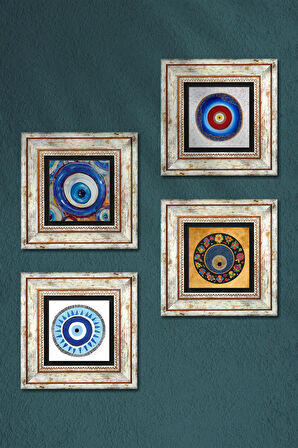 Nazar Taş Duvar Tablosu Çerçeveli Duvar Dekoru 4 Parça Tablo Seti Wall Art