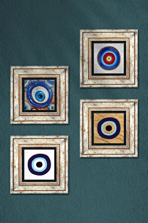 Nazar Taş Duvar Tablosu Çerçeveli Duvar Dekoru 4 Parça Tablo Seti Wall Art