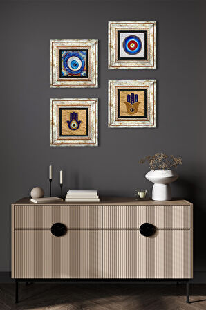 Fatma Ana Eli (Hamsa), Nazar Taş Duvar Tablosu Çerçeveli Duvar Dekoru 4 Parça Tablo Seti Wall Art