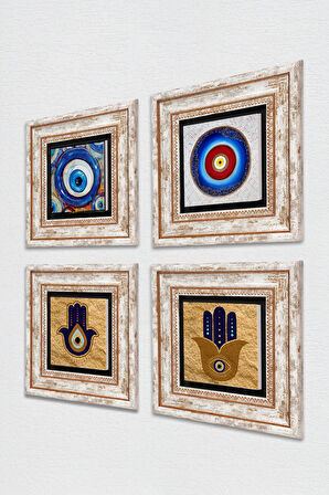 Fatma Ana Eli (Hamsa), Nazar Taş Duvar Tablosu Çerçeveli Duvar Dekoru 4 Parça Tablo Seti Wall Art