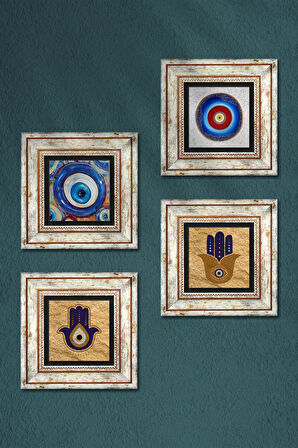 Fatma Ana Eli (Hamsa), Nazar Taş Duvar Tablosu Çerçeveli Duvar Dekoru 4 Parça Tablo Seti Wall Art