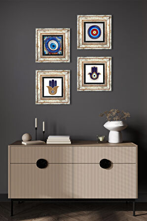 Fatma Ana Eli (Hamsa), Nazar Taş Duvar Tablosu Çerçeveli Duvar Dekoru 4 Parça Tablo Seti Wall Art