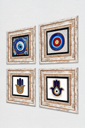 Fatma Ana Eli (Hamsa), Nazar Taş Duvar Tablosu Çerçeveli Duvar Dekoru 4 Parça Tablo Seti Wall Art