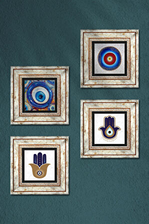 Fatma Ana Eli (Hamsa), Nazar Taş Duvar Tablosu Çerçeveli Duvar Dekoru 4 Parça Tablo Seti Wall Art