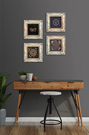 Horus'un Gözü, Nazar, Sri Yantra, Yaşam Çiçeği Taş Duvar Tablosu Çerçeveli Duvar Dekoru 4 Parça Tablo Seti Wall Art