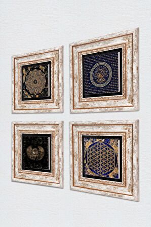 Horus'un Gözü, Nazar, Sri Yantra, Yaşam Çiçeği Taş Duvar Tablosu Çerçeveli Duvar Dekoru 4 Parça Tablo Seti Wall Art