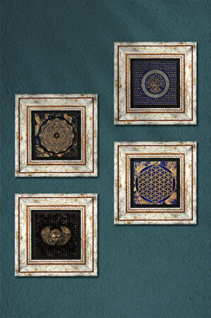 Horus'un Gözü, Nazar, Sri Yantra, Yaşam Çiçeği Taş Duvar Tablosu Çerçeveli Duvar Dekoru 4 Parça Tablo Seti Wall Art