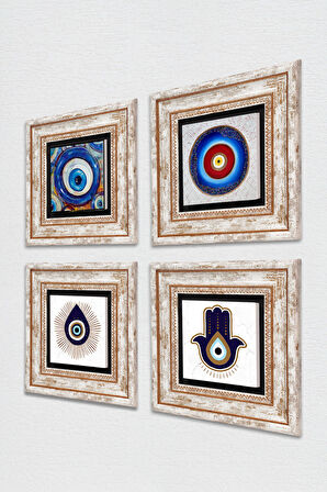 Nazar Taş Duvar Tablosu Çerçeveli Duvar Dekoru 4 Parça Tablo Seti Wall Art