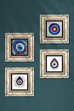 Nazar Taş Duvar Tablosu Çerçeveli Duvar Dekoru 4 Parça Tablo Seti Wall Art