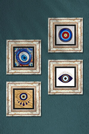Nazar Taş Duvar Tablosu Çerçeveli Duvar Dekoru 4 Parça Tablo Seti Wall Art