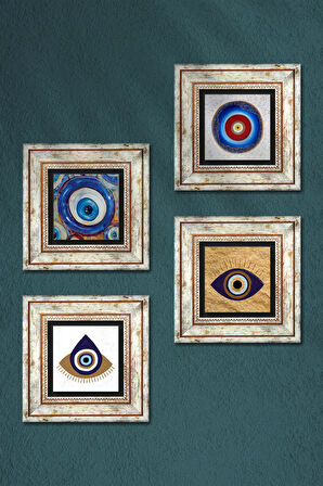Nazar Taş Duvar Tablosu Çerçeveli Duvar Dekoru 4 Parça Tablo Seti Wall Art