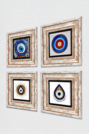 Claude Monet Bahçede, Nazar Taş Duvar Tablosu Çerçeveli Duvar Dekoru 4 Parça Tablo Seti Wall Art