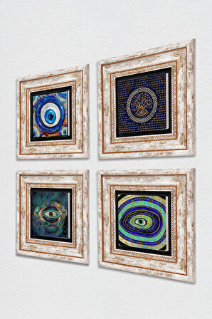 Nazar Taş Duvar Tablosu Çerçeveli Duvar Dekoru 4 Parça Tablo Seti Wall Art