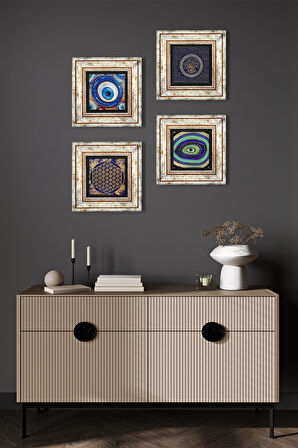 Nazar, Yaşam Çiçeği Taş Duvar Tablosu Çerçeveli Duvar Dekoru 4 Parça Tablo Seti Wall Art