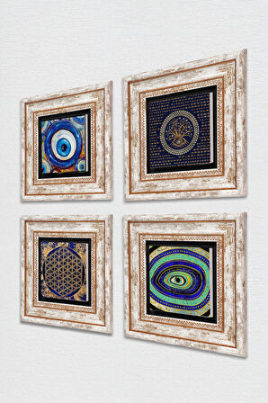 Nazar, Yaşam Çiçeği Taş Duvar Tablosu Çerçeveli Duvar Dekoru 4 Parça Tablo Seti Wall Art