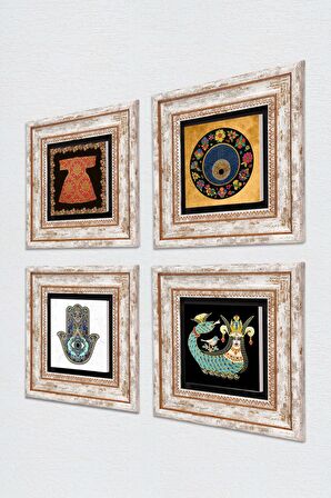 Hırka-i Şerif, Nazar, Şahmeran, Fatma Ana Eli (Hamsa) Taş Duvar Tablosu Çerçeveli Duvar Dekoru 4 Parça Tablo Seti Wall Art