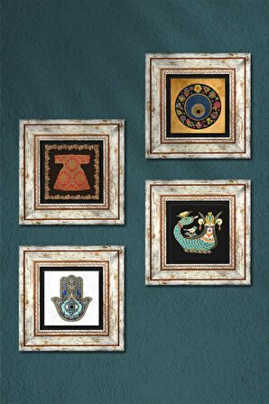 Hırka-i Şerif, Nazar, Şahmeran, Fatma Ana Eli (Hamsa) Taş Duvar Tablosu Çerçeveli Duvar Dekoru 4 Parça Tablo Seti Wall Art