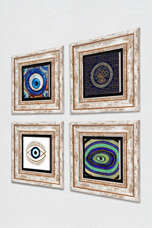 Nazar Taş Duvar Tablosu Çerçeveli Duvar Dekoru 4 Parça Tablo Seti Wall Art