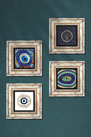 Nazar Taş Duvar Tablosu Çerçeveli Duvar Dekoru 4 Parça Tablo Seti Wall Art