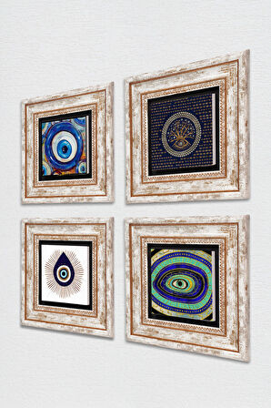 Nazar Taş Duvar Tablosu Çerçeveli Duvar Dekoru 4 Parça Tablo Seti Wall Art