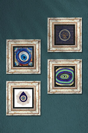 Nazar Taş Duvar Tablosu Çerçeveli Duvar Dekoru 4 Parça Tablo Seti Wall Art