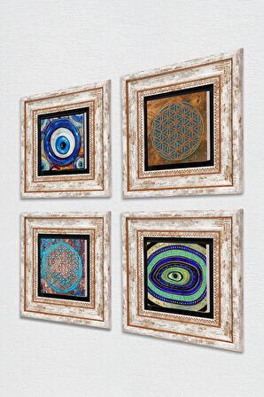 Nazar, Yaşam Çiçeği Taş Duvar Tablosu Çerçeveli Duvar Dekoru 4 Parça Tablo Seti Wall Art