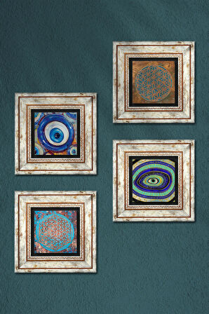 Nazar, Yaşam Çiçeği Taş Duvar Tablosu Çerçeveli Duvar Dekoru 4 Parça Tablo Seti Wall Art