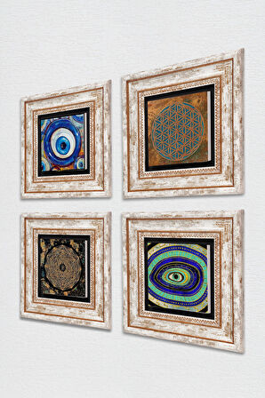 Yaşam Çiçeği, Nazar, Sri Yantra Taş Duvar Tablosu Çerçeveli Duvar Dekoru 4 Parça Tablo Seti Wall Art