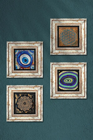 Yaşam Çiçeği, Nazar, Sri Yantra Taş Duvar Tablosu Çerçeveli Duvar Dekoru 4 Parça Tablo Seti Wall Art