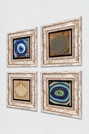 Yaşam Çiçeği, Nazar, Lotus Çiçeği Taş Duvar Tablosu Çerçeveli Duvar Dekoru 4 Parça Tablo Seti Wall Art