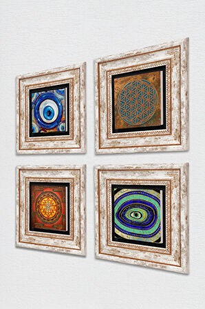 Yaşam Çiçeği, Nazar, Sri Yantra Taş Duvar Tablosu Çerçeveli Duvar Dekoru 4 Parça Tablo Seti Wall Art