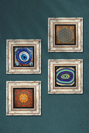 Yaşam Çiçeği, Nazar, Sri Yantra Taş Duvar Tablosu Çerçeveli Duvar Dekoru 4 Parça Tablo Seti Wall Art