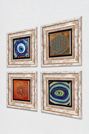 Yaşam Çiçeği, Nazar, Sri Yantra Taş Duvar Tablosu Çerçeveli Duvar Dekoru 4 Parça Tablo Seti Wall Art