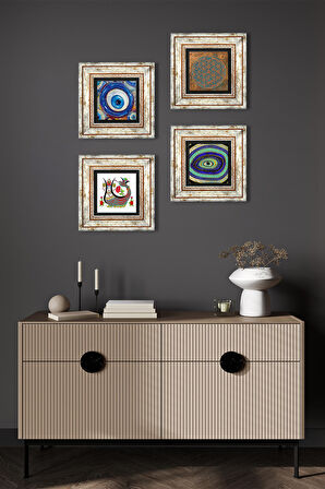 Yaşam Çiçeği, Nazar, Şahmeran Taş Duvar Tablosu Çerçeveli Duvar Dekoru 4 Parça Tablo Seti Wall Art