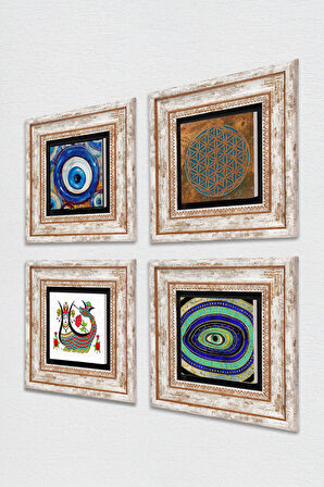 Yaşam Çiçeği, Nazar, Şahmeran Taş Duvar Tablosu Çerçeveli Duvar Dekoru 4 Parça Tablo Seti Wall Art