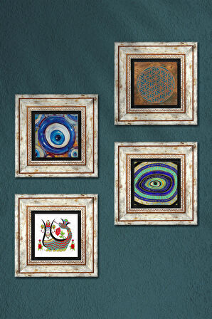 Yaşam Çiçeği, Nazar, Şahmeran Taş Duvar Tablosu Çerçeveli Duvar Dekoru 4 Parça Tablo Seti Wall Art