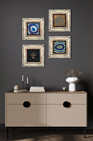 Yaşam Çiçeği, Nazar, Hayat Ağacı Taş Duvar Tablosu Çerçeveli Duvar Dekoru 4 Parça Tablo Seti Wall Art