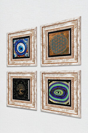Yaşam Çiçeği, Nazar, Hayat Ağacı Taş Duvar Tablosu Çerçeveli Duvar Dekoru 4 Parça Tablo Seti Wall Art