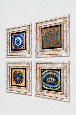 Yaşam Çiçeği, Nazar Taş Duvar Tablosu Çerçeveli Duvar Dekoru 4 Parça Tablo Seti Wall Art