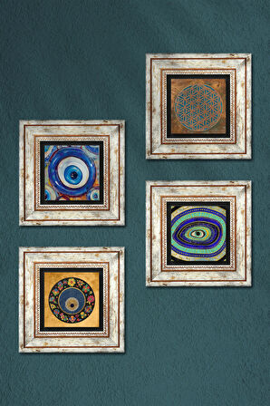 Yaşam Çiçeği, Nazar Taş Duvar Tablosu Çerçeveli Duvar Dekoru 4 Parça Tablo Seti Wall Art