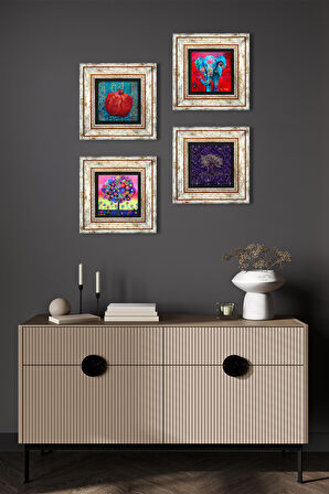 Fil, Hayat Ağacı, Nar Taş Duvar Tablosu Çerçeveli Duvar Dekoru 4 Parça Tablo Seti Wall Art