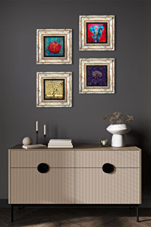 Hayat Ağacı, Fil, Nar Taş Duvar Tablosu Çerçeveli Duvar Dekoru 4 Parça Tablo Seti Wall Art