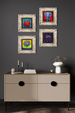 Fil, Hayat Ağacı, Nar Taş Duvar Tablosu Çerçeveli Duvar Dekoru 4 Parça Tablo Seti Wall Art