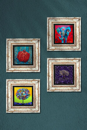 Fil, Hayat Ağacı, Nar Taş Duvar Tablosu Çerçeveli Duvar Dekoru 4 Parça Tablo Seti Wall Art