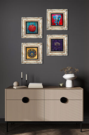 Hayat Ağacı, Fil, Nazar, Nar Taş Duvar Tablosu Çerçeveli Duvar Dekoru 4 Parça Tablo Seti Wall Art