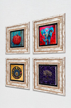 Hayat Ağacı, Fil, Nazar, Nar Taş Duvar Tablosu Çerçeveli Duvar Dekoru 4 Parça Tablo Seti Wall Art